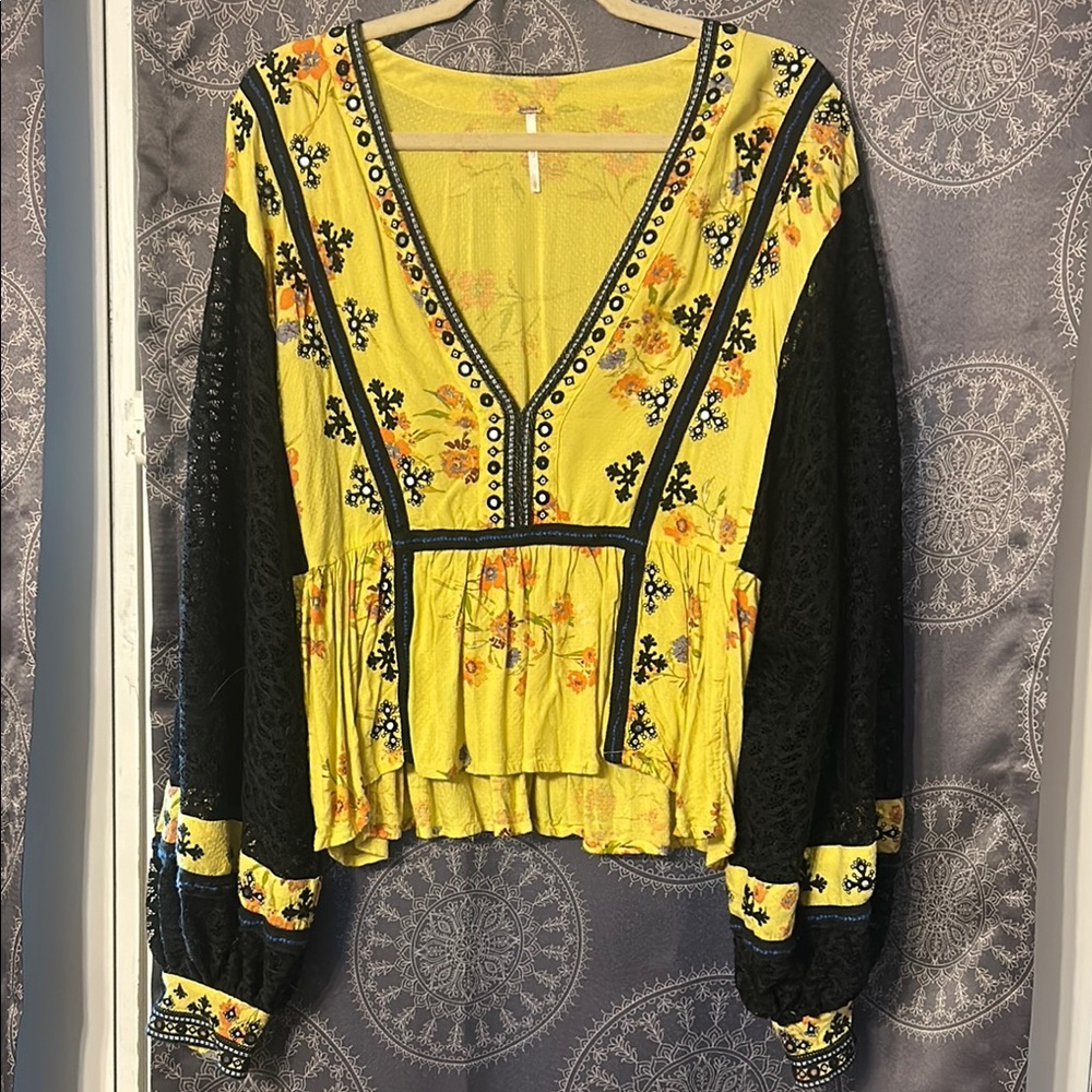 Free People Floral Embroidered V-Neck Blouse - Yellow and Black
